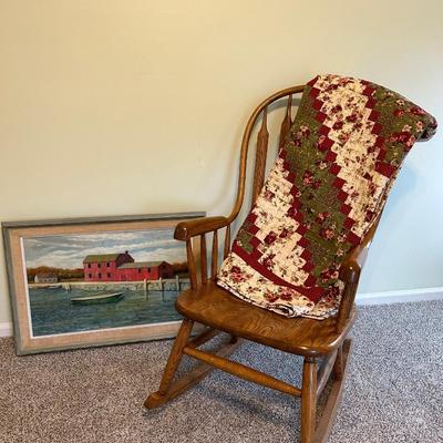 LOT 51: Rocking Chair, Handmade Quilt and Framed Painting on Canvas