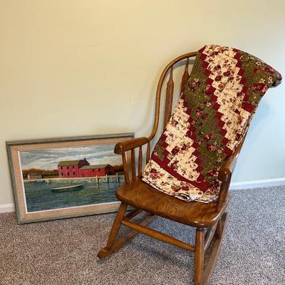 LOT 51: Rocking Chair, Handmade Quilt and Framed Painting on Canvas