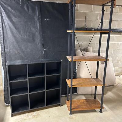 LOT 68: Wood and Metal Industrial Shelving Unit & Black Storage Cubes