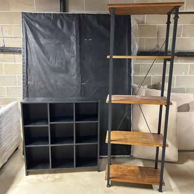 LOT 68: Wood and Metal Industrial Shelving Unit & Black Storage Cubes