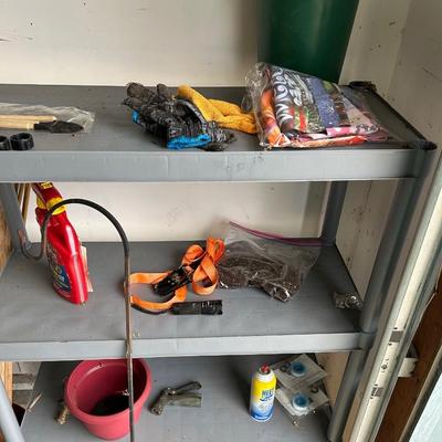 LOT 77: Garage Finds: Ladder, Backpacks / Tote, Shepherd Hook, Shelf Unit and Contents