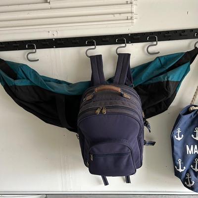 LOT 77: Garage Finds: Ladder, Backpacks / Tote, Shepherd Hook, Shelf Unit and Contents
