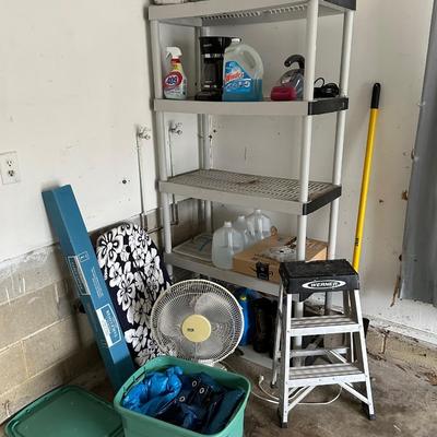 LOT 78: Shelf Unit, Contents, Fan, Step Ladder, Shovel and More