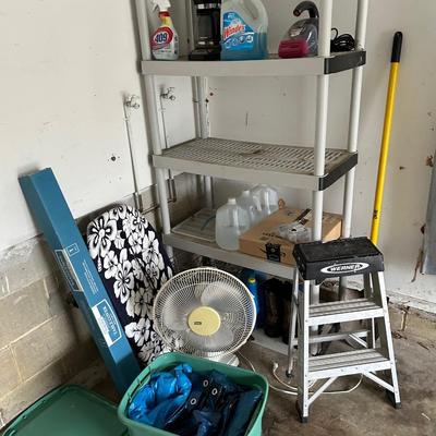 LOT 78: Shelf Unit, Contents, Fan, Step Ladder, Shovel and More