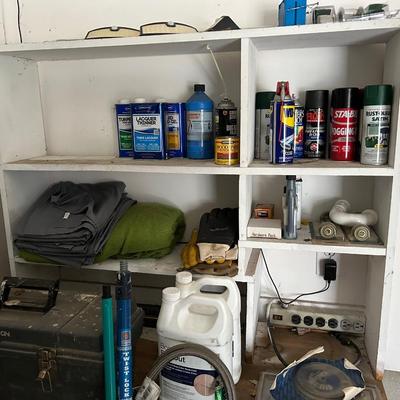 LOT 79: Garage Finds: Contents of Shelves, on Workbench and Below - Tool Box and More