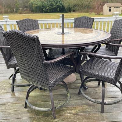 LOT 88: Round Table Patio Set with Six Swivel Chairs, Cushions and Allen + Roth Umbrella