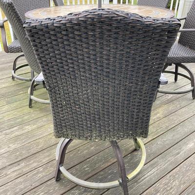 LOT 88: Round Table Patio Set with Six Swivel Chairs, Cushions and Allen + Roth Umbrella