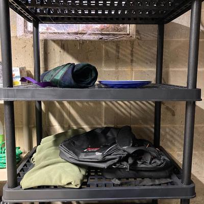 LOT 95: Storage Shelf and Contents - Camping / Picnic Essentials