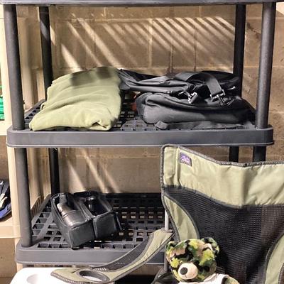 LOT 95: Storage Shelf and Contents - Camping / Picnic Essentials
