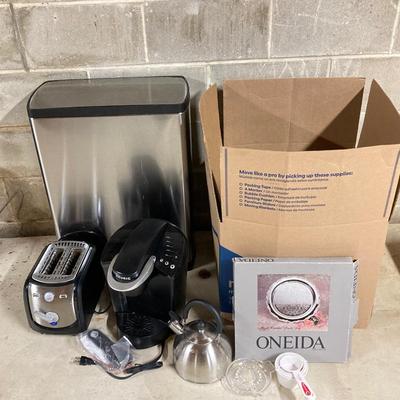 LOT 100: Basement Finds: Stainless Steel Trashcan, Keurig Coffeemaker, Krups Toaster, Cookware and Much More