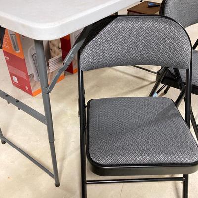 LOT 102: Maxchief Adjustable Folding Table with 2 PDG Fabric Padded Folding Chairs
