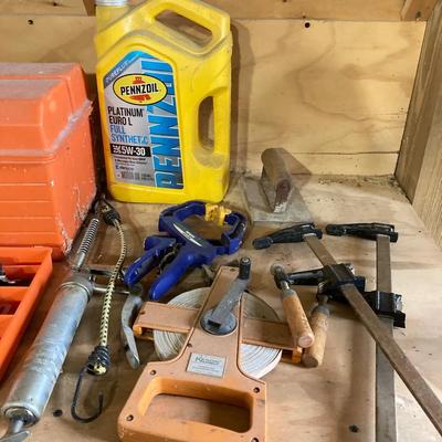 LOT 107: Garage Finds: Contents of Top Shelf of Workbench - Ryobi Grinder, Orange Tool Box, Hand Tools and Much More