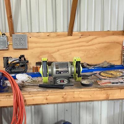 LOT 107: Garage Finds: Contents of Top Shelf of Workbench - Ryobi Grinder, Orange Tool Box, Hand Tools and Much More