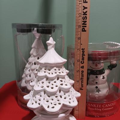LOT 18: Candle Collection- Yankee Candle Ceramic Tree Luminaries w/ Door-Themed Votive Holder & More