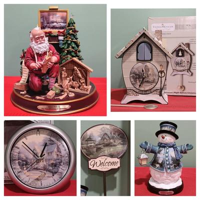 LOT 21: Thomas Kinkade Santa and Snowman Figurines w/ Plastic Clocks & Mini Welcome Sign