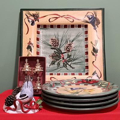 LOT 23: Lenox Collection- Winter Greeting Dishware w/ Napkin Rings & Porcelain Nuthatch
