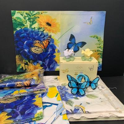 LOT 66: Think Spring - Lenox Butterfly Meadow Bubble Bee Shakers, Butterfly Napkin Rings, Table Linens, Flags and More