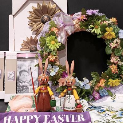 LOT 125: Easter Collection- Erzgebirge Wooden Easter Rabbits w/ Picture Frames, Wreath, Daisy Wall Art & More