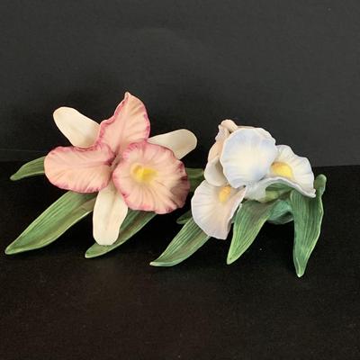 LOT 143 Andrea by Sudak's Ruby Topaz Hummingbird w/ Orchid and 2 HJ&C Ceramic Orchids