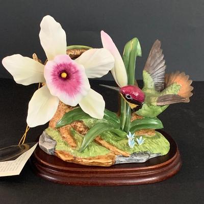 LOT 143 Andrea by Sudak's Ruby Topaz Hummingbird w/ Orchid and 2 HJ&C Ceramic Orchids