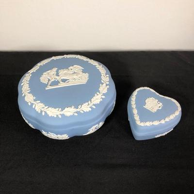 LOT 7M: Vintage Blue Wedgewood England Jasperware - Covered Trinket Box & Heart Shaped Trinket Box