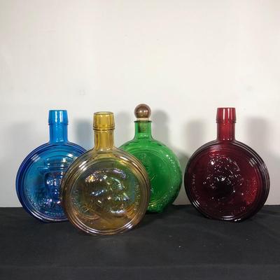 LOT 11M: Vintage Wheaton NJ Glass Bottles - Amber Abraham Lincoln, Blue First Edition Woodrow Wilson, Green Christmas 1977 w/ Cork & Ruby...