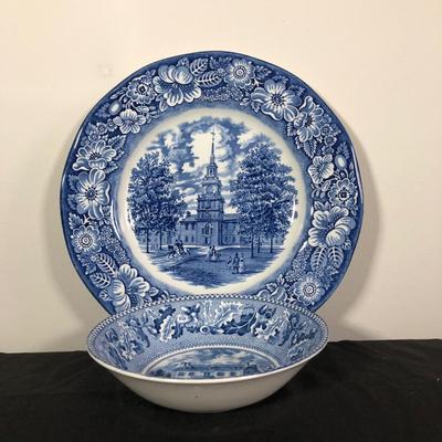 LOT 13M: Vintage Colonial Collection - Ben Franklin Framed Needlepoint, Liberty Blue Independence Hall China Plate, Johnson Bros Hancock...