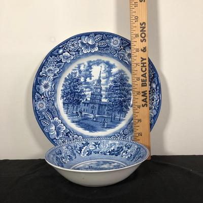 LOT 13M: Vintage Colonial Collection - Ben Franklin Framed Needlepoint, Liberty Blue Independence Hall China Plate, Johnson Bros Hancock...