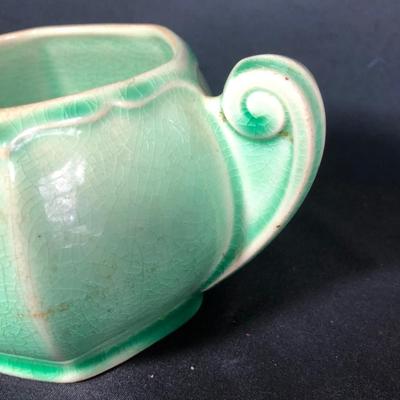 LOT 27M: Vintage Pottery - Pink Abingdon USA Shell Vase & Teal / Green W.S. George Open Sugar Bowl