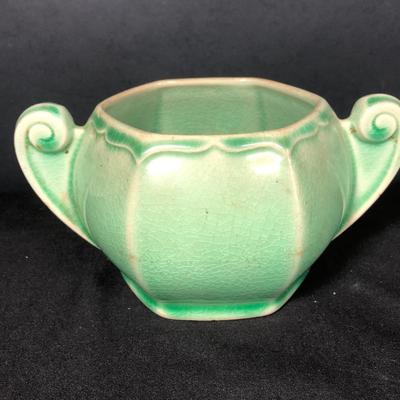 LOT 27M: Vintage Pottery - Pink Abingdon USA Shell Vase & Teal / Green W.S. George Open Sugar Bowl