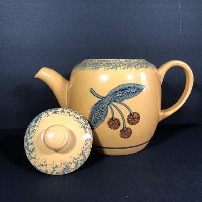 LOT 35M: Vintage 1994 Pfaltzgraff Friendship Collection Cherries of Joy Teapot, Vintage Treasure Craft USA Stoneware Mixing Bowls, Watt...