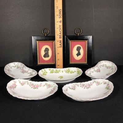LOT 41M: Vintage Victorian Style Framed Silhouette Cameos w/ Floral China Dishes