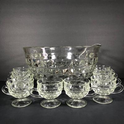 LOT 42D: Vintage American Fostoria Cube Pattern Glass Punch Bowl w/ 11 Matching Cups & Silver Plated Serving Spoon