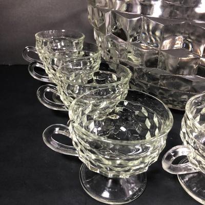 LOT 42D: Vintage American Fostoria Cube Pattern Glass Punch Bowl w/ 11 Matching Cups & Silver Plated Serving Spoon