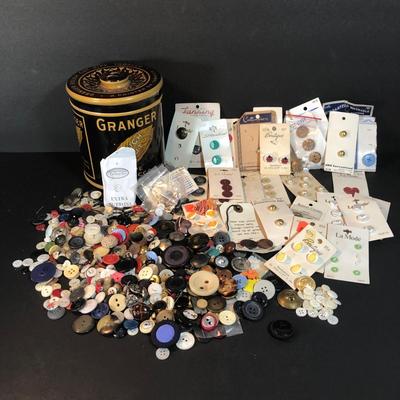 LOT 45C: Vintage Buttons & Sewing Supplies - Gromet Puncher, 1930s Granger Rough Cut Tobacco Tin, Ever Pink Pinking Shears in Box & More