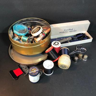 LOT 45C: Vintage Buttons & Sewing Supplies - Gromet Puncher, 1930s Granger Rough Cut Tobacco Tin, Ever Pink Pinking Shears in Box & More