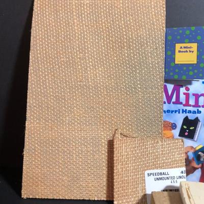 LOT 58C: Small Wooden Shelf, Mini Book Making Kit, Block Printing Tools & Book Binding Thread