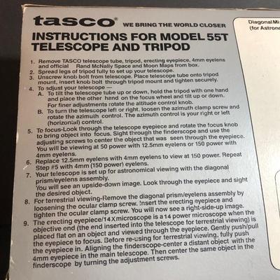 LOT 59C: Tasco 150x50mm Telescope w/ Metal Tripod in Box