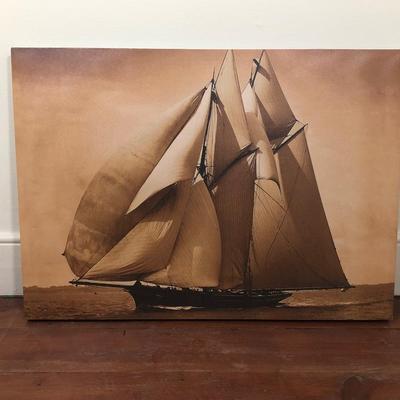 LOT 62Z: Vintage Clipper Ship Print, Mid-Century Swift Compensated Barometer made in England & Canvas Ship Wall Decor