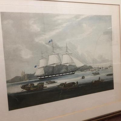 LOT 62Z: Vintage Clipper Ship Print, Mid-Century Swift Compensated Barometer made in England & Canvas Ship Wall Decor