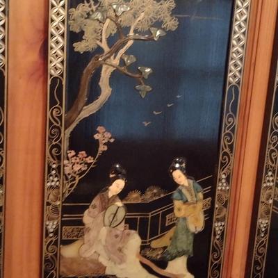 Set of Four Black Lacquer Finish Asian Theme Story Panels with Mother of Pearl Inlay