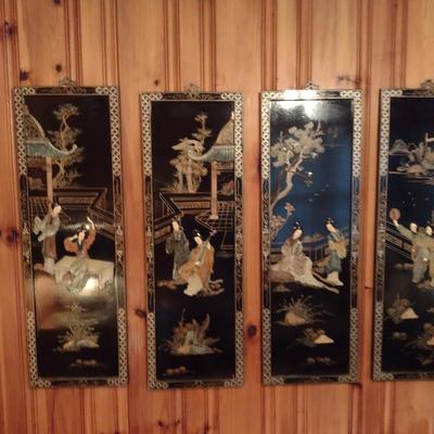 Set of Four Black Lacquer Finish Asian Theme Story Panels with Mother of Pearl Inlay