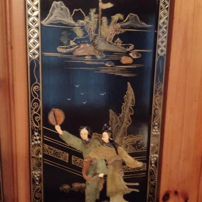 Set of Four Black Lacquer Finish Asian Theme Story Panels with Mother of Pearl Inlay