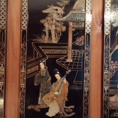 Set of Four Black Lacquer Finish Asian Theme Story Panels with Mother of Pearl Inlay