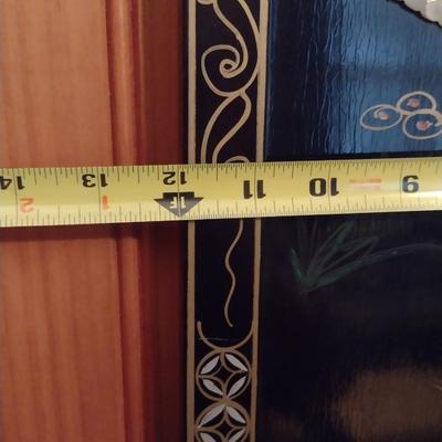 Set of Four Black Lacquer Finish Asian Theme Story Panels with Mother of Pearl Inlay