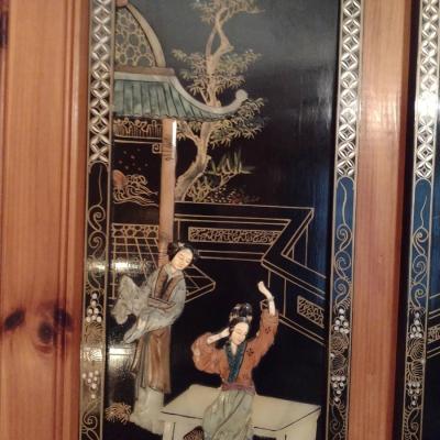 Set of Four Black Lacquer Finish Asian Theme Story Panels with Mother of Pearl Inlay