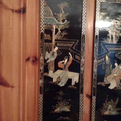 Set of Four Black Lacquer Finish Asian Theme Story Panels with Mother of Pearl Inlay