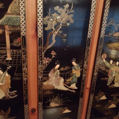 Set of Four Black Lacquer Finish Asian Theme Story Panels with Mother of Pearl Inlay