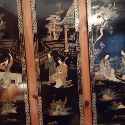 Set of Four Black Lacquer Finish Asian Theme Story Panels with Mother of Pearl Inlay