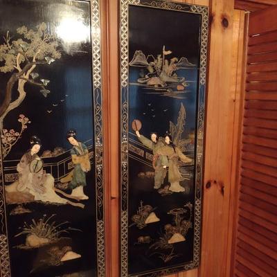 Set of Four Black Lacquer Finish Asian Theme Story Panels with Mother of Pearl Inlay